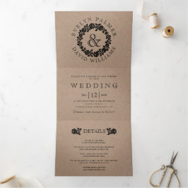 Convite Com Dobra Tripla Vintage rosa wreath kraft casado