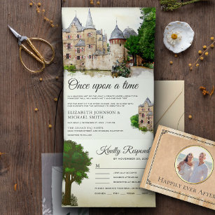 Convite Com Dobra Tripla Vintage Rustic Fairytale Castle Casamento