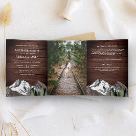 Convite Com Dobra Tripla Vintage Rustic Wood Mountain Forest Casamento Foto