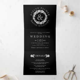 Convite Com Dobra Tripla Vintage White Rose Wath Black Casado