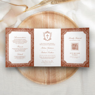Convite Com Dobra Tripla Vitória Terracota Código QR Católico Casamento