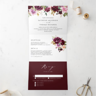 Convite Com Dobra Tripla Watercolor Burgundy e Purple Floral Casamento outo