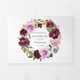 Convite Com Dobra Tripla Watercolor Burgundy e Purple Floral Casamento outo