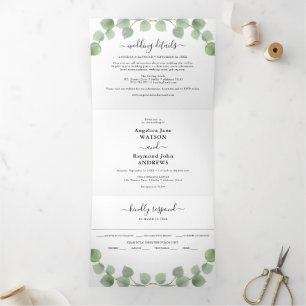 Convite Com Dobra Tripla Watercolor Eucalyptus e Casamento Clássico Dourado