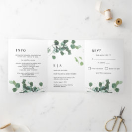Convite Com Dobra Tripla Watercolor Greenery Eucalyptus Deixa Casamento