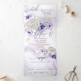 Convite Com Dobra Tripla Watercolor Lilac Floral ALL NUM ÚNICO CASAMENTO
