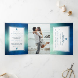 Convite Com Dobra Tripla Watercolor Ocean Starfish Beach Wedse Suite