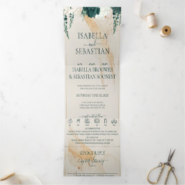 Convite Com Dobra Tripla Wedding Cream All in one Emerald Green Rose Floral