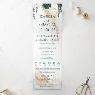 Convite Com Dobra Tripla Wedding White All in one Emerald Green Rose Floral