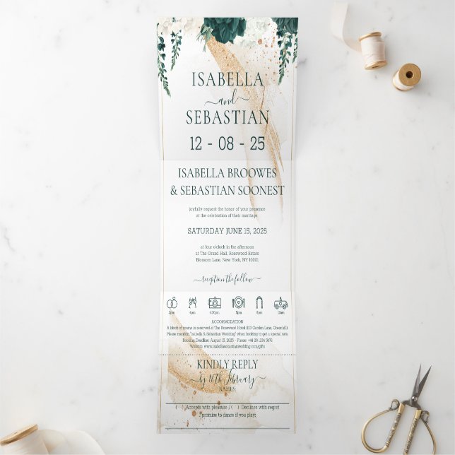 Convite Com Dobra Tripla Wedding White All in one Emerald Green Rose Floral (Dentro)