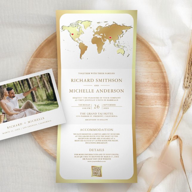 Convite Com Dobra Tripla White Gold World Map QR Code Photo Wedding (Criador carregado)