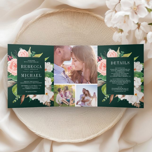 Convite Com Dobra Tripla White Magnolia Blush Pink Floral Emerald Wedding (Criador carregado)
