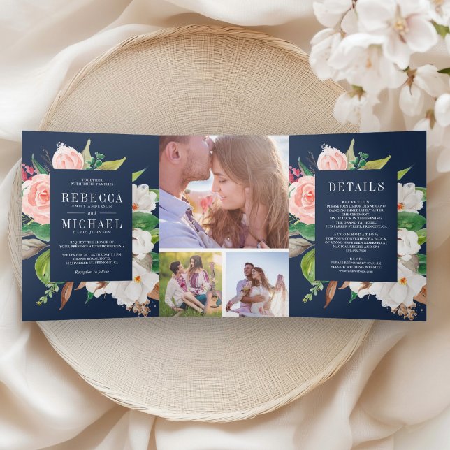 Convite Com Dobra Tripla White Magnolia Blush Pink Floral Navy Blue Wedding (Criador carregado)