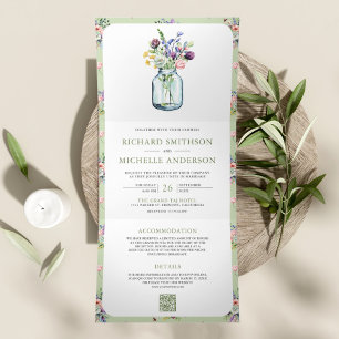 Convite Com Dobra Tripla Wildflower Mason Jar All in One QR Code Wedding