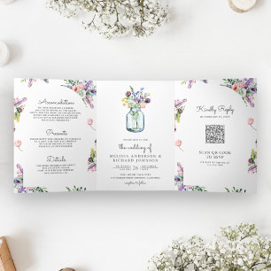 Convite Com Dobra Tripla Wildflower Mason Jar All in One QR Code Wedding
