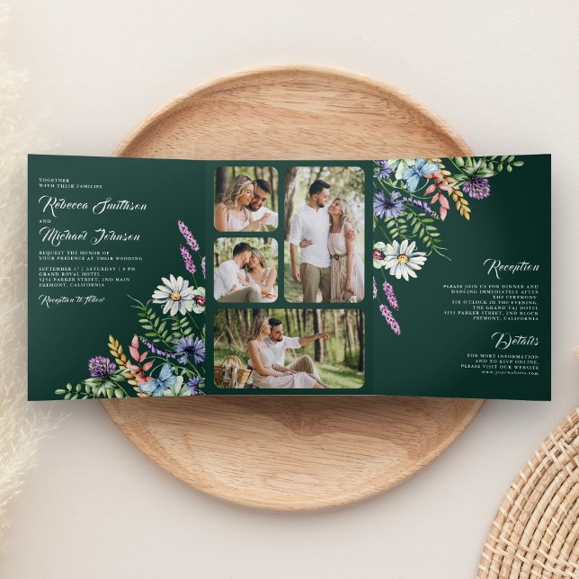 Convite Com Dobra Tripla Wildflower Photo All in One Emerald Green Wedding (Criador carregado)
