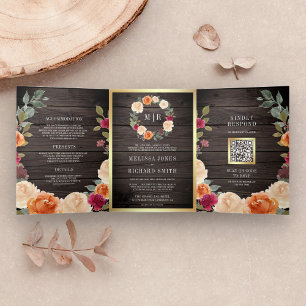 Convite Com Dobra Tripla Wood Earthy Floral Wreath Código QR Casamento