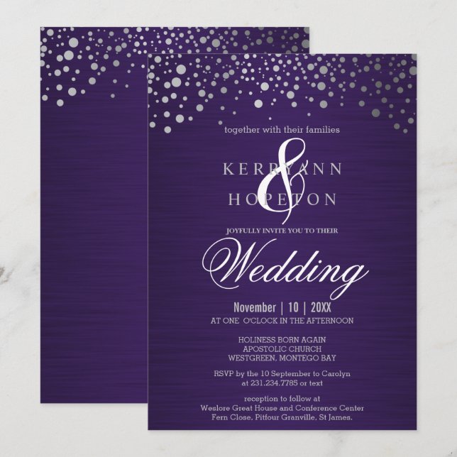 Convite com Pontos de Confete Roxo e Prata (Frente/Verso)
