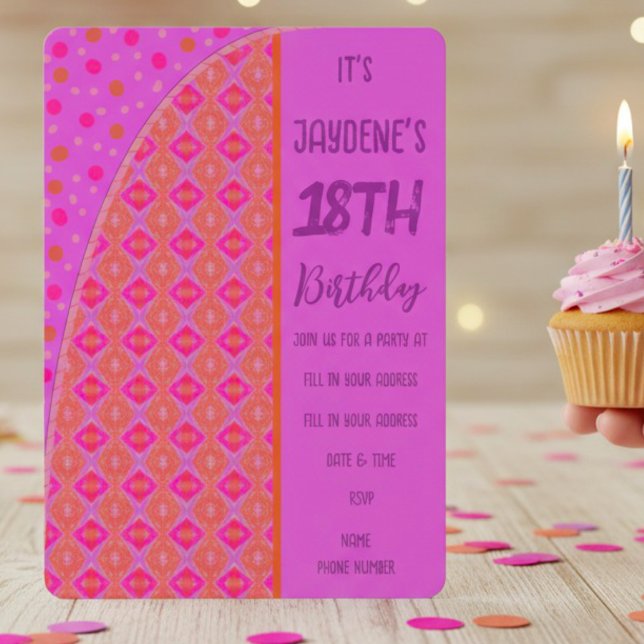 Convite com Pontos de Diamante Roxo Rosa Laranja P (Go a little crazy this birthday with a fun purple, pink & orange youthful combination. Customize it.)