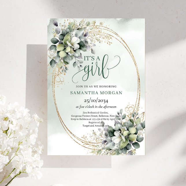 Convite com Visual de Aquarela Verde Empoeirado É  (Dusty Green Watercolor Look It’s A Girl Invitation)