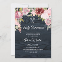 Convite comunitário Rustic blue wood floral holy