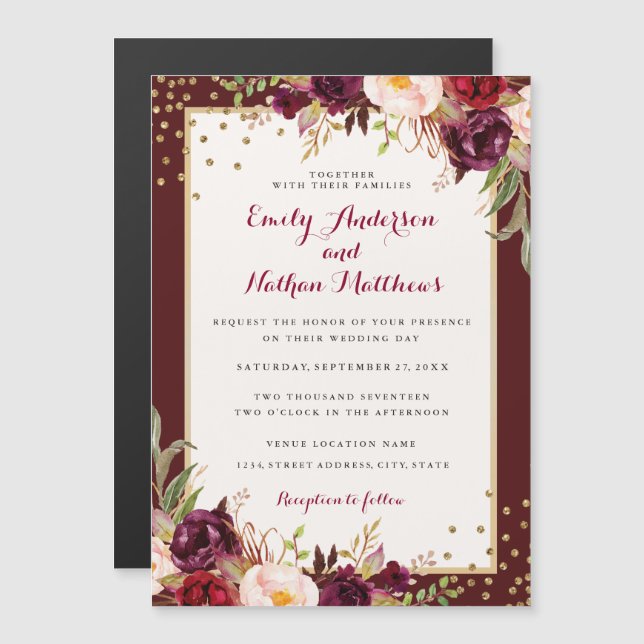 Convite Confete Floral Dourado de Casamento (Frente/Verso)