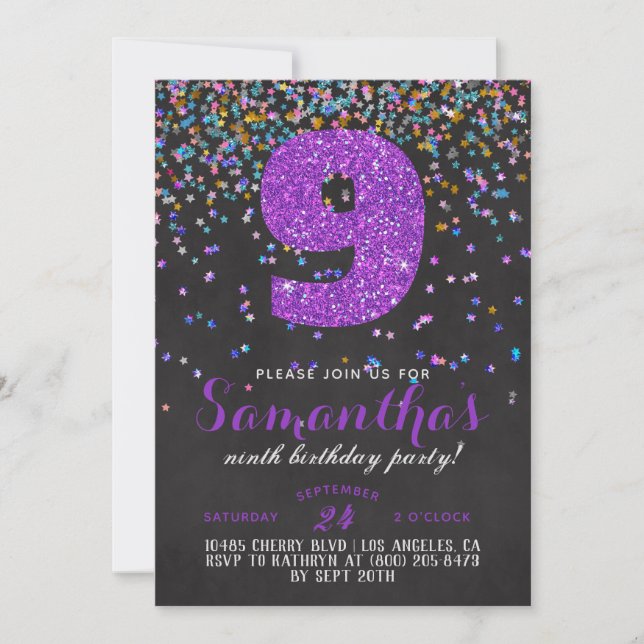Convite Confetti de 9º Aniversário (Frente)