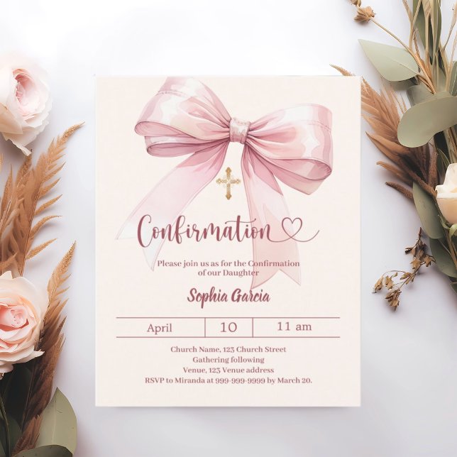 Convite confirmação menina laço rosa creme (Criador carregado)