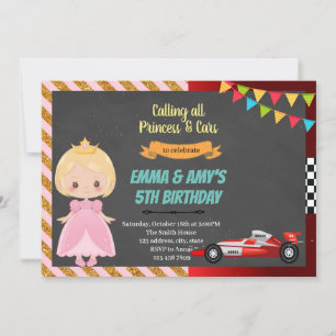 Convite conjunto de princesa e carro de corrida pa