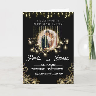 Convite Convidado para Casamento Negro e Ouro Moderno Deco