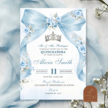 Convite Coquete Coroa Azul Floral Quinceanera