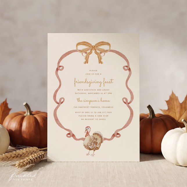 Convite Coquette Ribbon & Bow Friendsgiving (Coquette Ribbon and Bow Whimsical Friendsgiving Invitation)