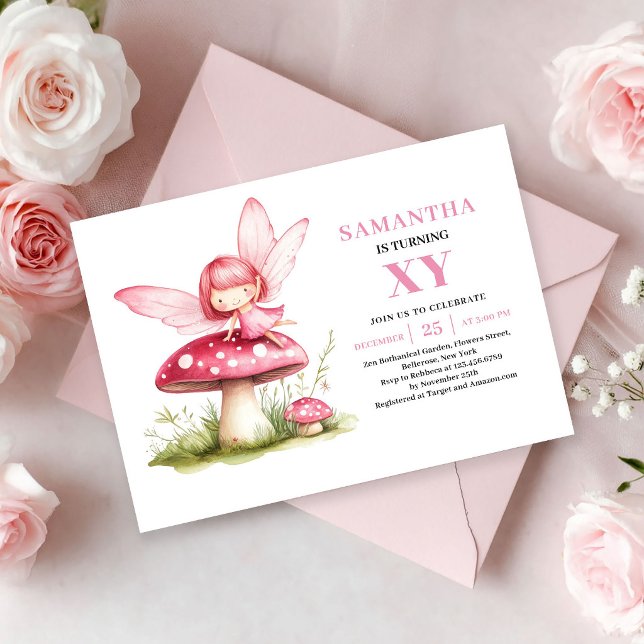 Convite Cor-de-Rosa Caprichoso de Aniversário de M (Cute Fairy Girl Birthday Pink Whimsical invitation)