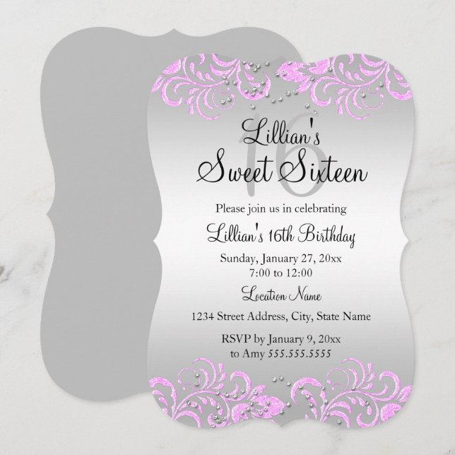 Convite Cor-de-Rosa Cinza Floral Sweet 16 (Frente/Verso)