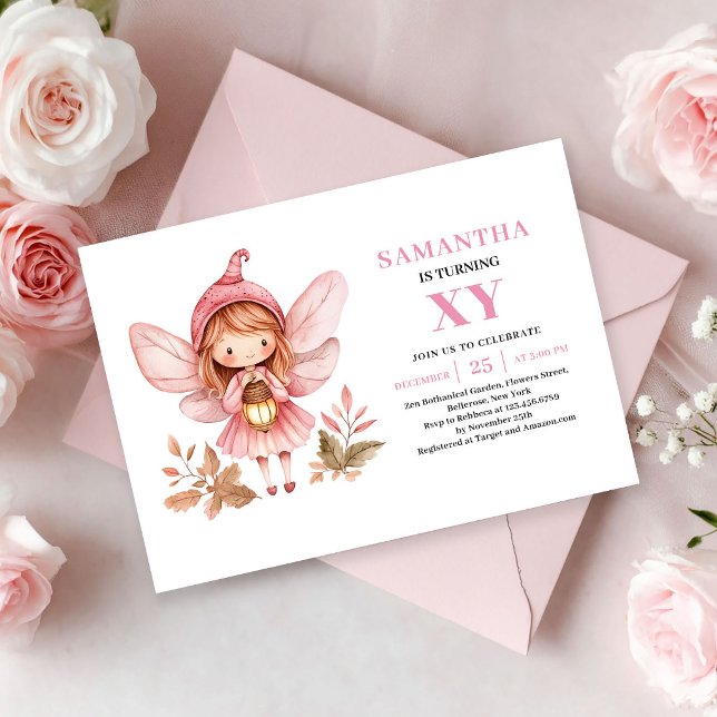 Convite Cor-de-Rosa de 6º Aniversário da Menina Fa (Whimsical Fairy Girl 6th Birthday Pink invitation)