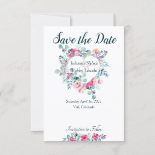 Convite cor-de-rosa de coração floral em aquarela 