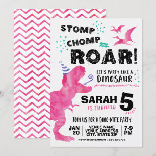 Convite cor-de-rosa do aniversário do dinossauro