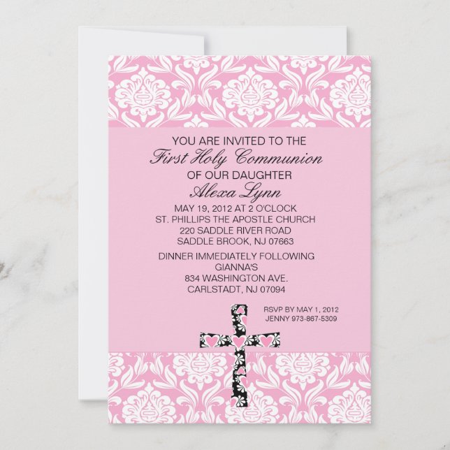 Convite cor-de-rosa do comunhão das meninas do (Frente)