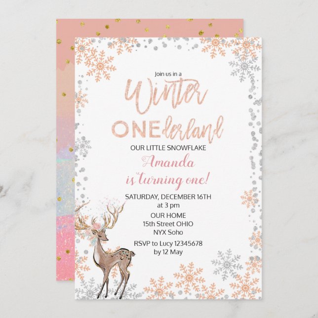 Convite cor-de-rosa Dourado do aniversário do (Frente/Verso)