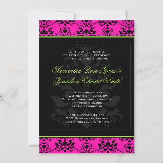Convite cor-de-rosa e preto verde do casamento (Frente)