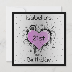 Convite Coração Púrpura de Aniversário a Preto