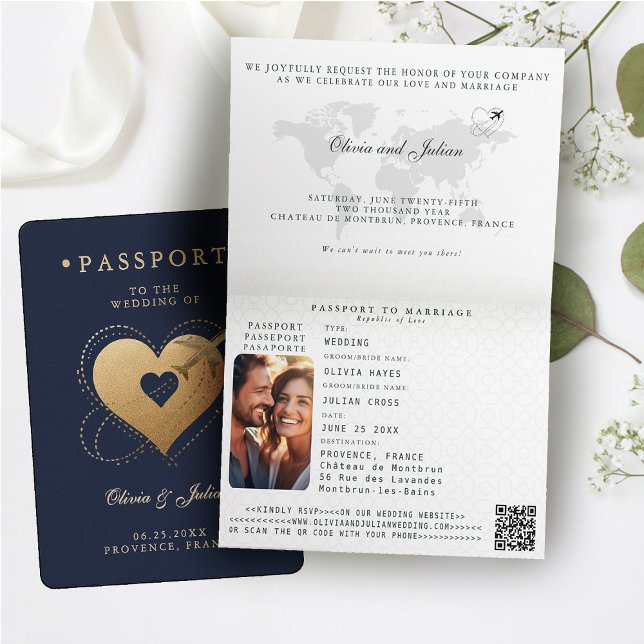 Convite Corações com Passaporte Avião Marinha Casamento de (passport wedding invitation card destination getaway navy blue faux gold hearts airplane monograms )