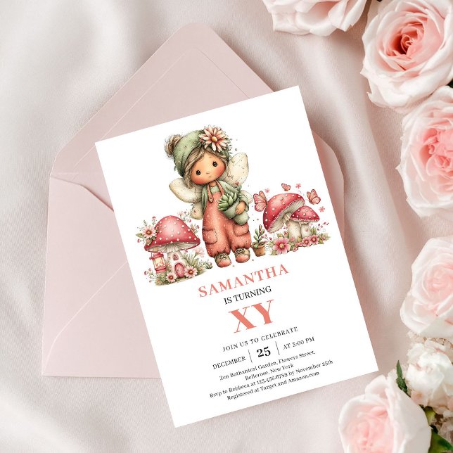 Convite Corado de Aniversário de 8 Anos da Fada Ro (Floral Pink Fairy 8th Birthday Blush Invite Card)