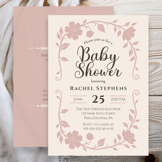 Convite Corado para Chá de Bebê Botânico Elegante (Elegant botanical baby shower invitation with soft blush floral frame on neutral background )