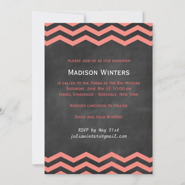 Convite Coral & Chalkboard Chevron Bat Mitzvah (Frente)