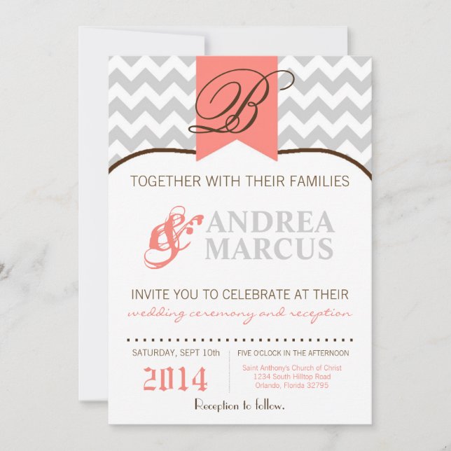 convite coral do casamento Chevron da listra (Frente)