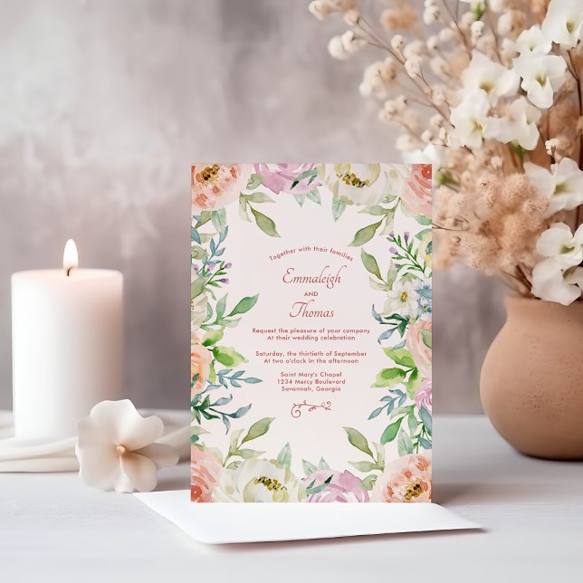 Convite Coral Floral Boho Chic Wedding (Criador carregado)