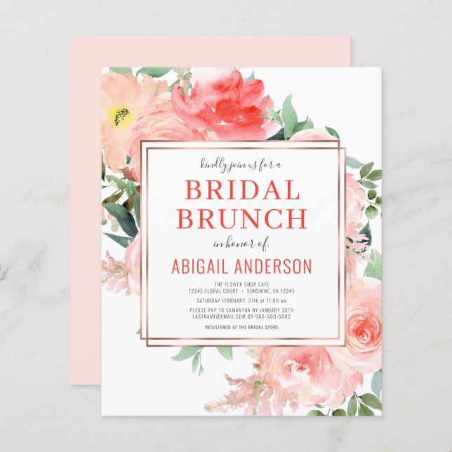 Convite Coral Floral Peach Bridal Brunch (Frente/Verso)