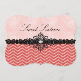 Convite Coral Glitter Chevron & Damask Sweet16