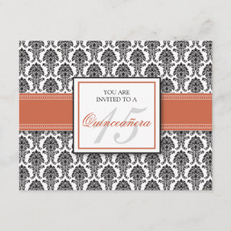 Convite coral INGLÊS de Quinceanera do damasco